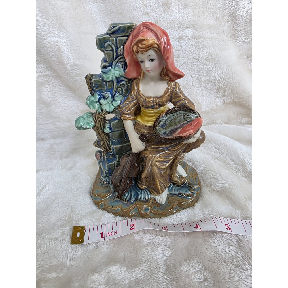 Vintage Ceramic Figurine‎ Woman with Bird and Basket Rustic Scene